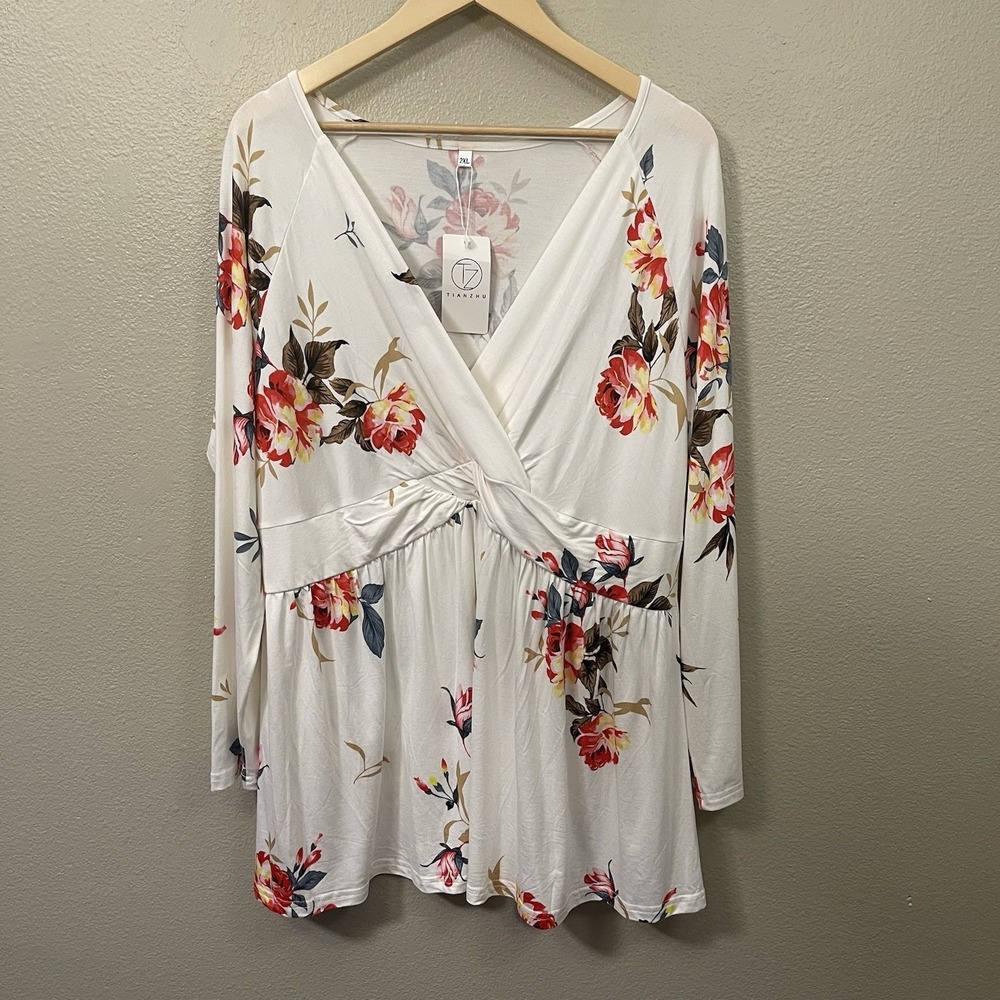 NEW Plus Size Floral Cottagecore Top Long Sleeve Ivory Multi Romantic 2X